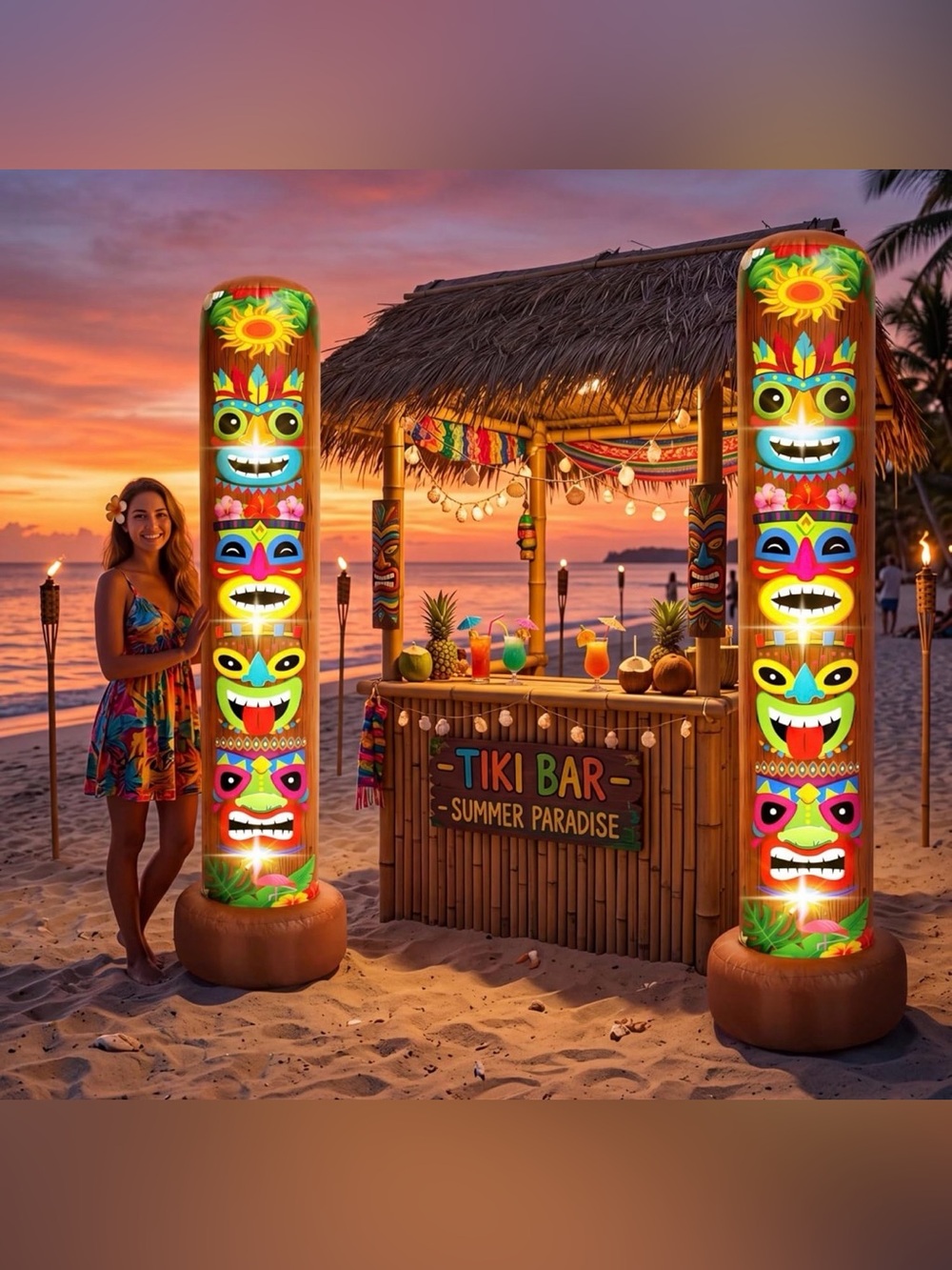 2 Pack 7 ft Inflatable Lighted Tiki Luau Party Decorations, Plug-in, NIB
